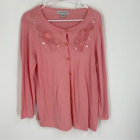 Sag Harbor Women’s Button Front Lighweight Pink Cardigan size M - Picture 1 of 4